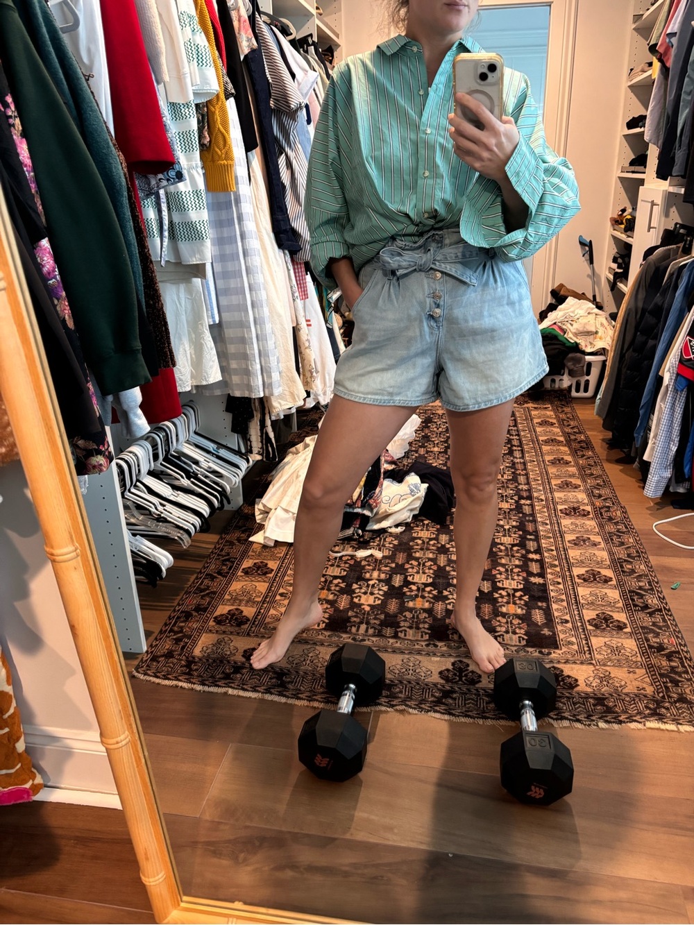 AE paper bag cinch waist “mom” shorts